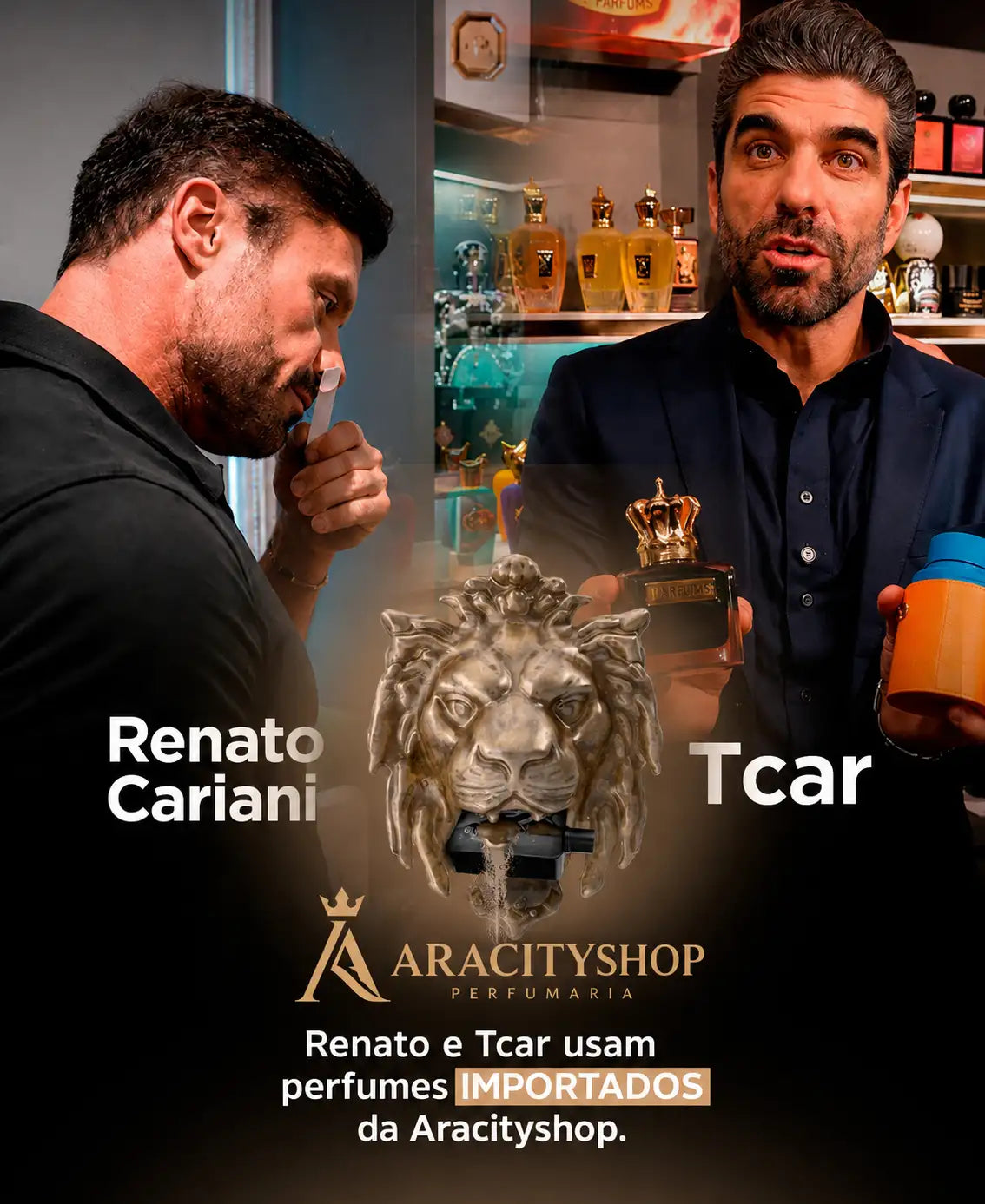 Frasco de perfume com cabeça de leão banhada a ouro, com uma coroa no topo da tampa.