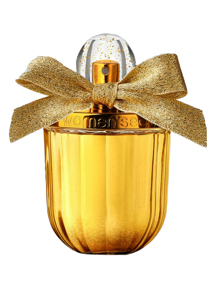 Frasco dourado e canelado de perfume gold seduction women secret feminino com laço glitter dourado e tampa transparente brilhante