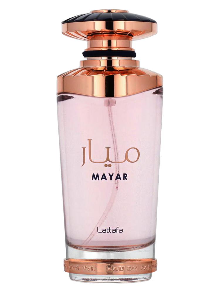 Garrafa de vidro transparente do perfume mayar lattafa com tampa e base rose gold e detalhes pretos 100ml feminino