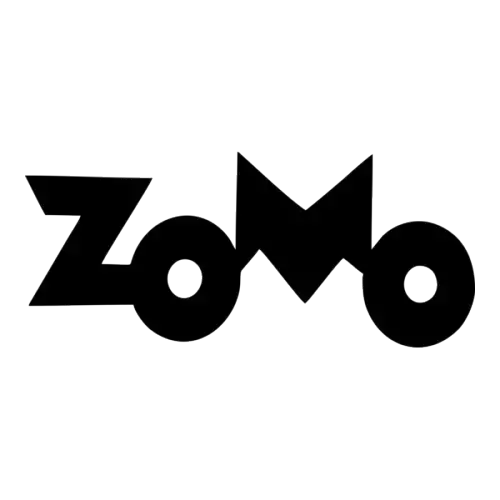 Logo preto da zomo com tipografia forte e estilizada e um design angular distintivo.