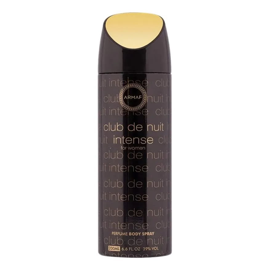 Spray corporal armaf club de nuit intense para mulheres preto com tampa dourada e texto prateado em fundo escuro