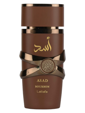 Frasco marrom cilindrico de perfume masculino asad bourbon da lattafa com escrita arabe dourada e detalhes metalicos
