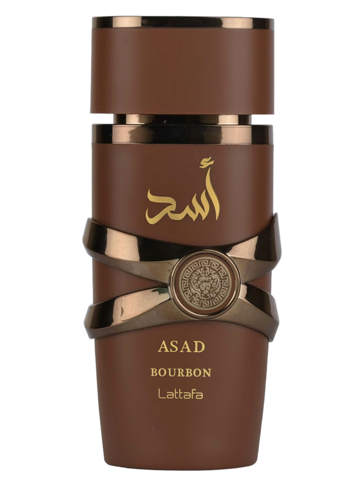 Frasco marrom cilindrico de perfume masculino asad bourbon da lattafa com escrita arabe dourada e detalhes metalicos