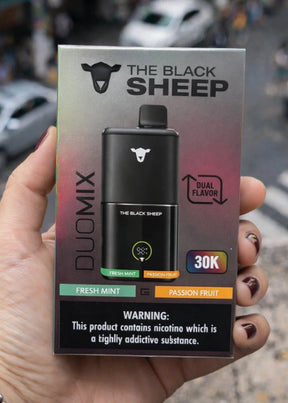 Black sheep dual mix 30k vape pen preto com sabores fresh mint e passion fruit em caixa prata e degrade