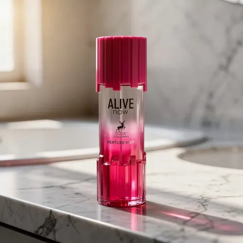 Frasco vibrante rosa de vidro do body splash alive now masion alhambra com tampa canelada e design moderno