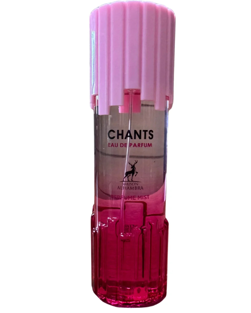 Garrafa de vidro rosa vibrante de body splash chants tenderina maison alhambra com tampa translucida canelada