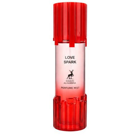 Frascos vermelho de vidro para perfume mist com tampa e base caneladas rotuladas love spark da maison alhambra