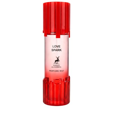 Frascos vermelho de vidro para perfume mist com tampa e base caneladas rotuladas love spark da maison alhambra