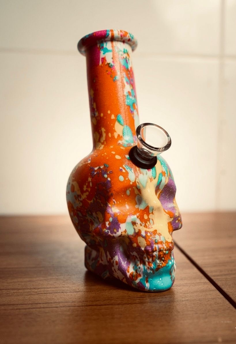 Bong de vidro colorido mr baba em formato de caveira com pintura vibrante e acabamento brilhante nas cores laranja teal roxo e creme