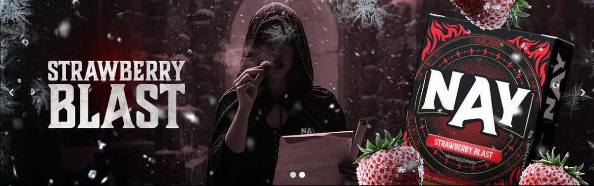Caixa de e-liquid de morango com tons de vermelho e preto e efeito acetinado, com tipografia branca em destaque e gráficos de morango.