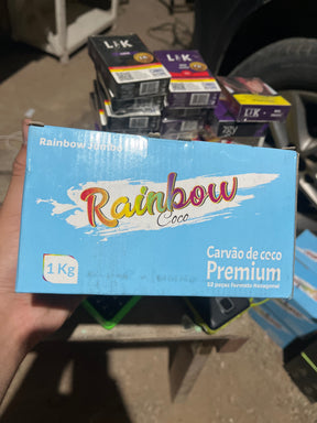 Caixa azul clara retangular de carvão premium de coco rainbow coco com 52 pedaços hexagonais por 1 kg carvão rainbow 1kg