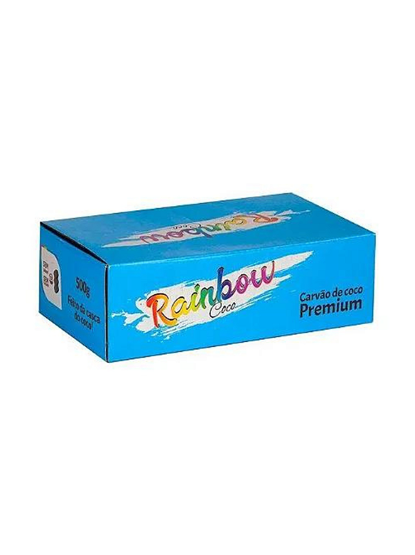 Caixa azul retangular de carvão coco premium rainbow 500g com 26 unidades para uso em churrasco