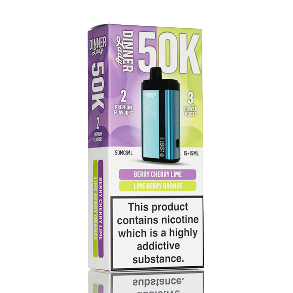 Dispositivo vape dinner lady dual 50k com corpo metálico azul e preto fosco e design elegante