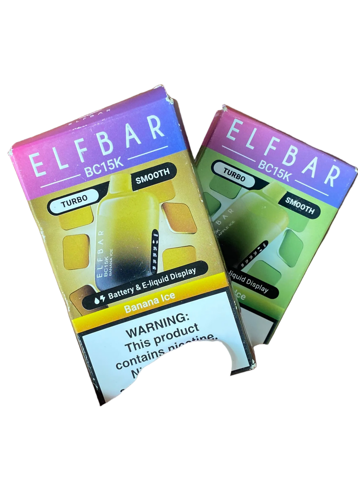 Dois vape pens elfbar bc15k com embalagem colorida, um com gradiente amarelo e sabor banana ice