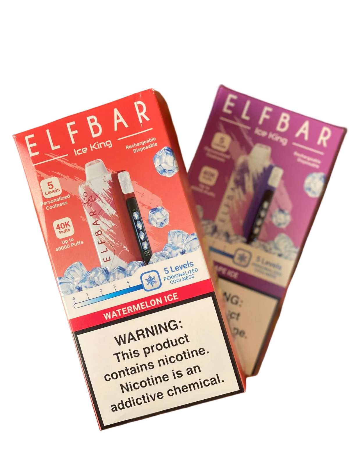 Embalagens vermelha e roxa do elfbar ice king 40k com vape descartável recarregável e gráficos azuis de diamante
