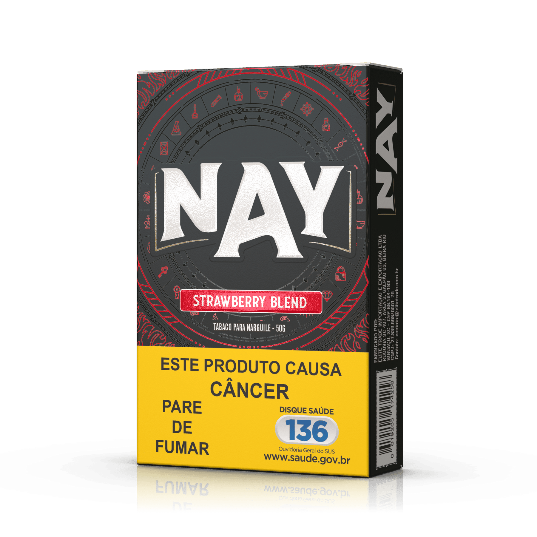 Embalagem preta e vermelha de tabaco essencia nay sabor strawberry blast com letras brancas e design circular detalhado