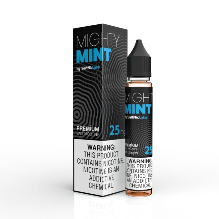 Garrafa preta e azul elegante de e-líquido mighty mint da saltniclabs com corpo transparente e líquido âmbar essência vgod grape ice 30ml 25mg