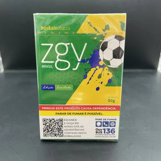 Caixa verde e amarela de tabaco para narguile essencia ziggy ediçao limitada brasil com desenho de bola de futebol