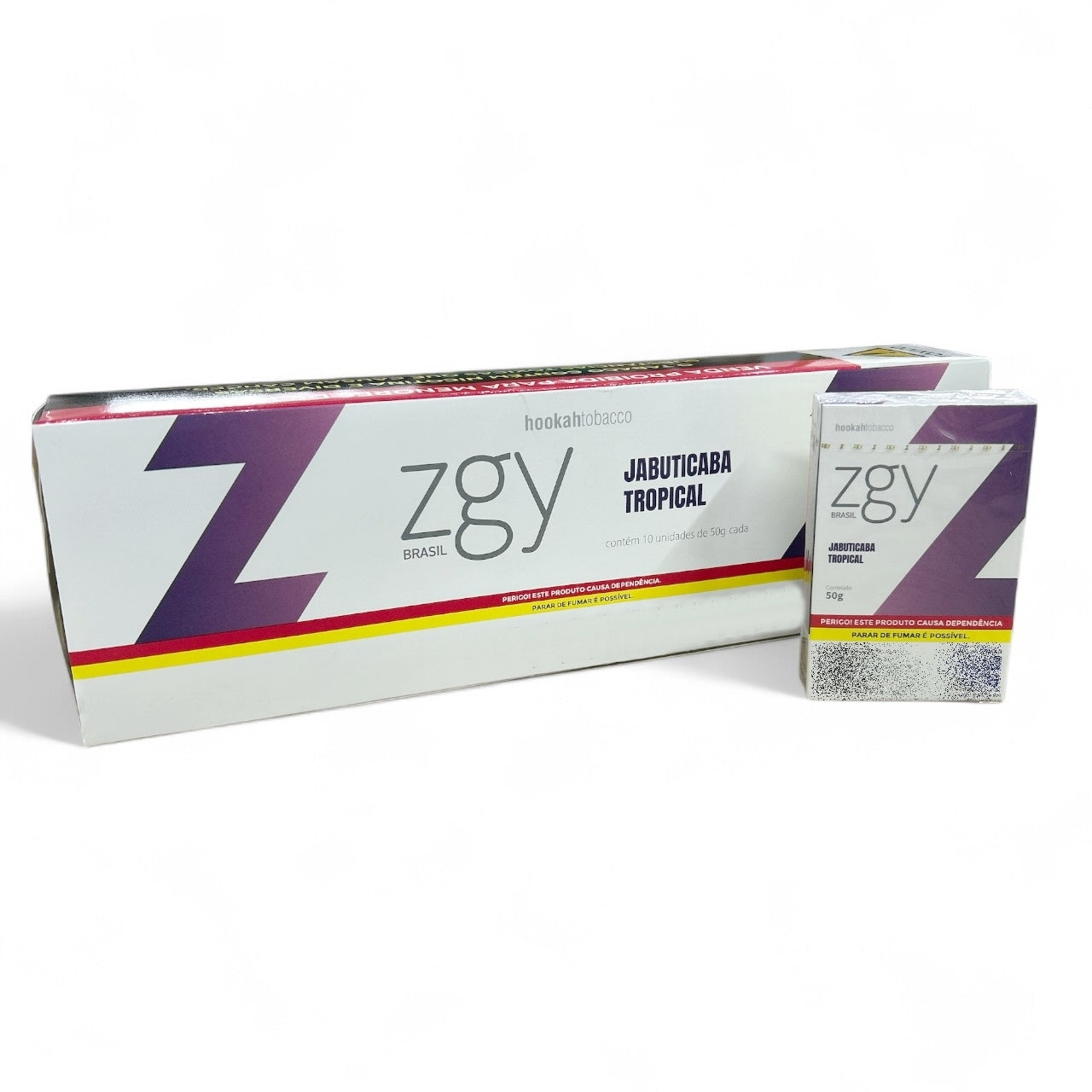 Essencia ziggy jabuticaba tropical tabaco para narguile em caixa branca roxa e vermelha com design geométrico ousado