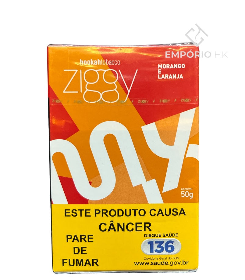Essencia ziggy mix morango e laranja tabaco com embalagem laranja e vermelha e logo branco em destaque