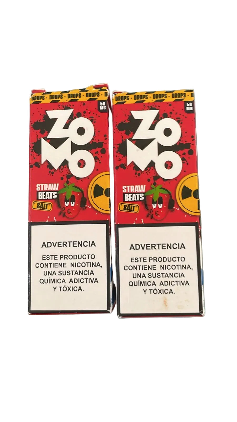 Caixas vermelhas e pretas de essencia zomo stramw beats 30ml 50mg com morango desenhado usando fones