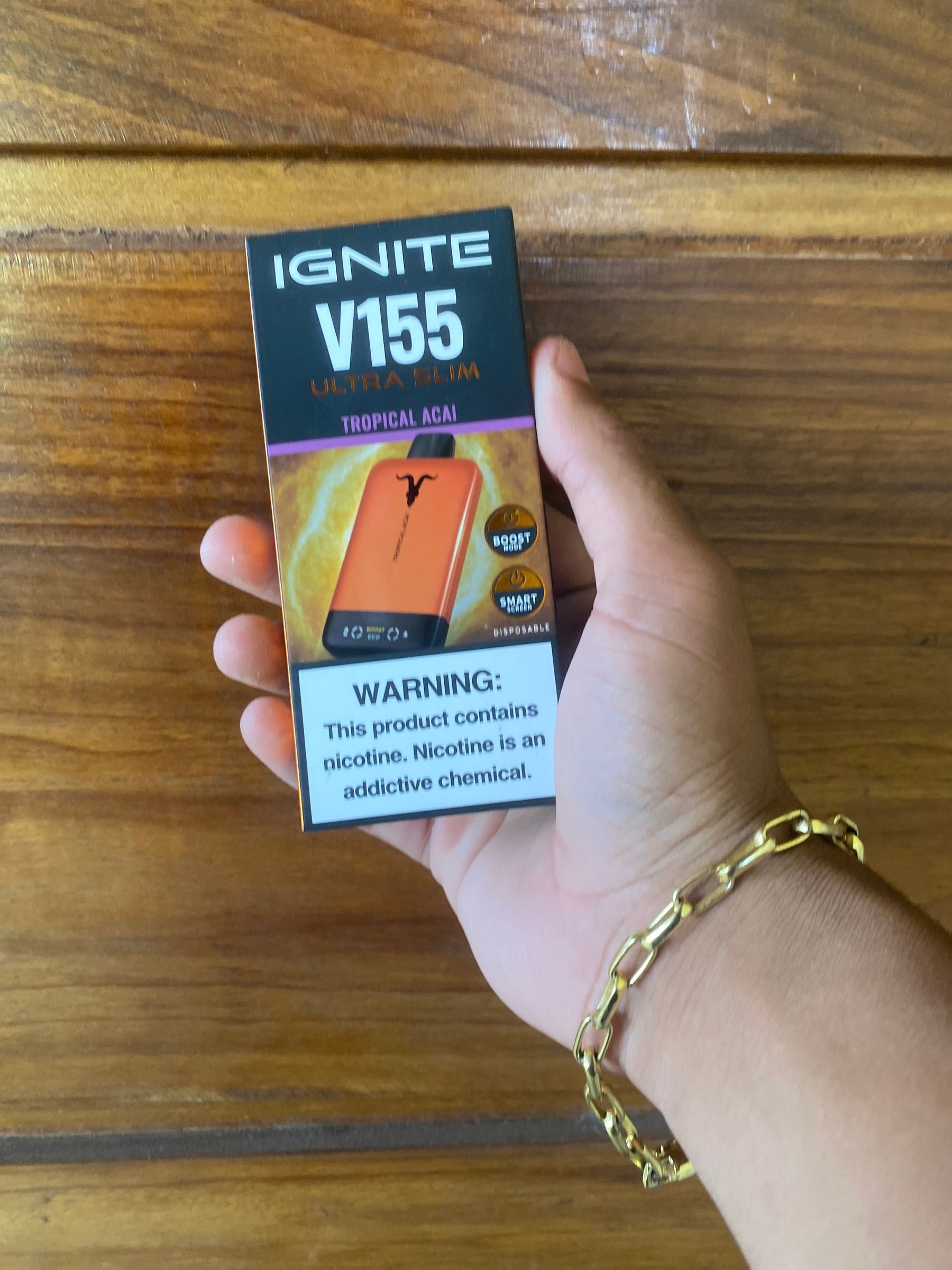 Imagem do vape pen ignite v155 ultra slim na cor laranja com embalagem sabor tropical açaí lançamento