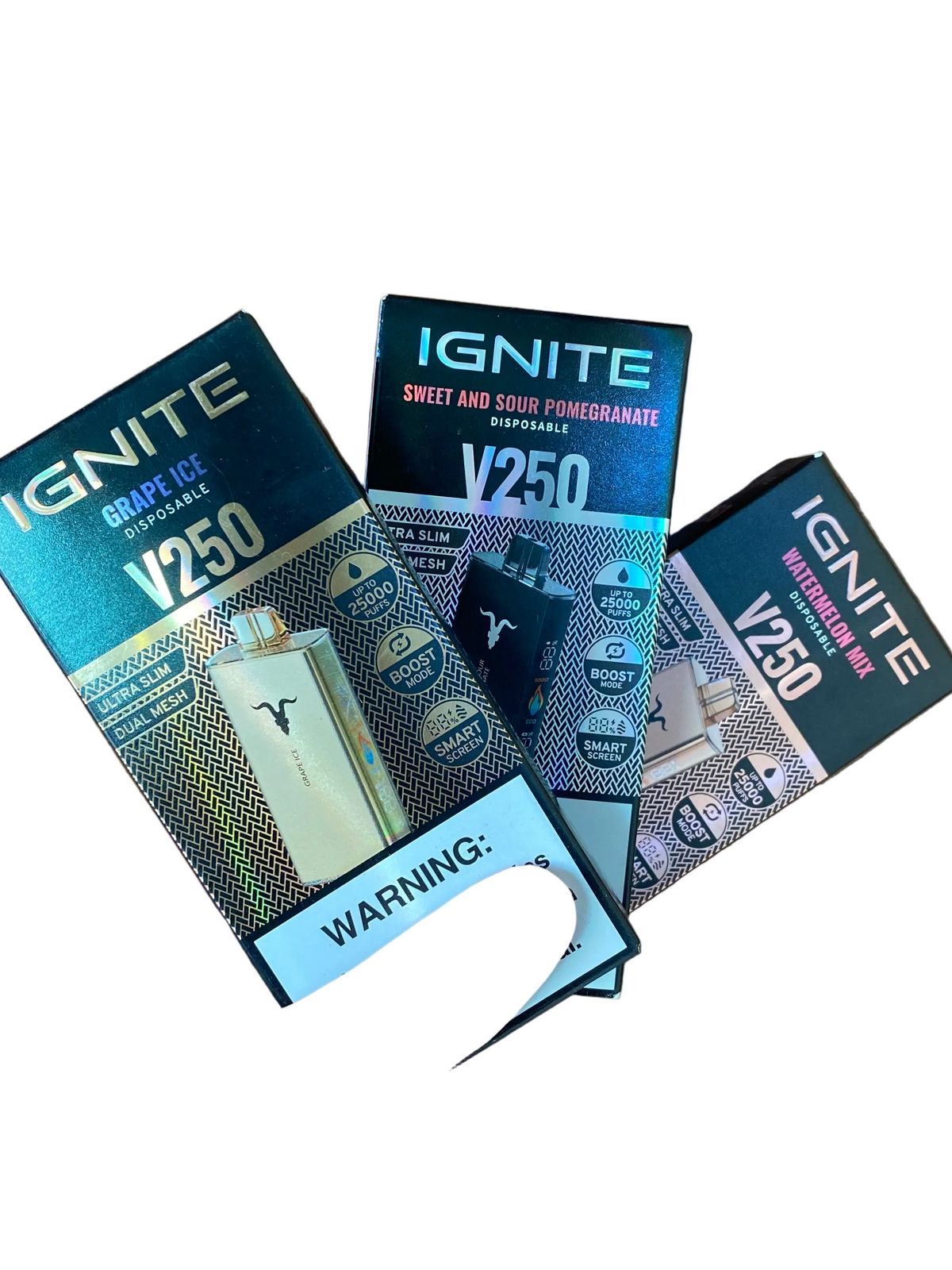 Três vape descartáveis ignite v250 em embalagem com sabores grape ice e sweet sour pomegranate