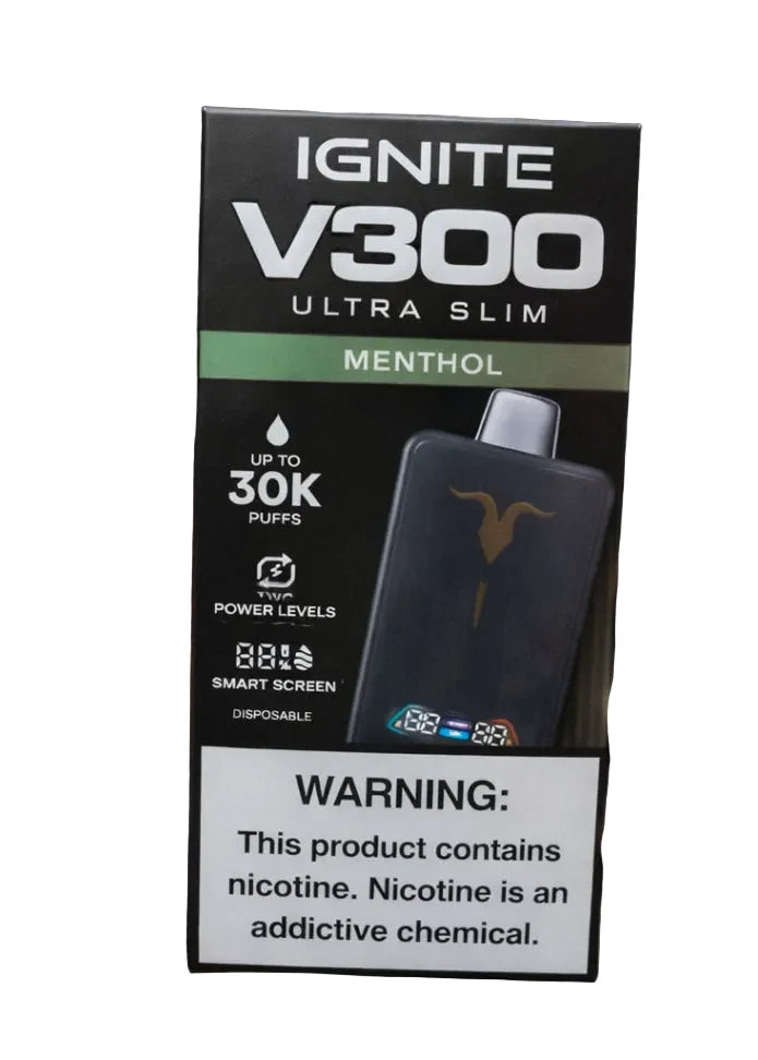 Dispositivo vape descartável ignite v300 slim preto com logo dourado e tela digital mentol ultra fino