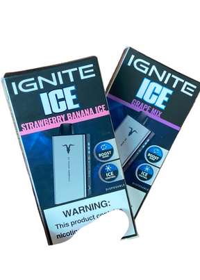 Vape descartável silver ignite ice sabor morango banana ice em embalagem preta e rosa com detalhes azuis ignite v400 ice