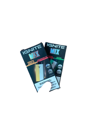 Caixas pretas retangulares de cartuchos de vape ignite v400 mix com rótulos coloridos de sabores e aviso branco na parte inferior