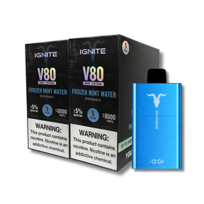 Dispositivo vape descartável ignite v80 metálico azul com logo de carneiro branco e texto banana ice
