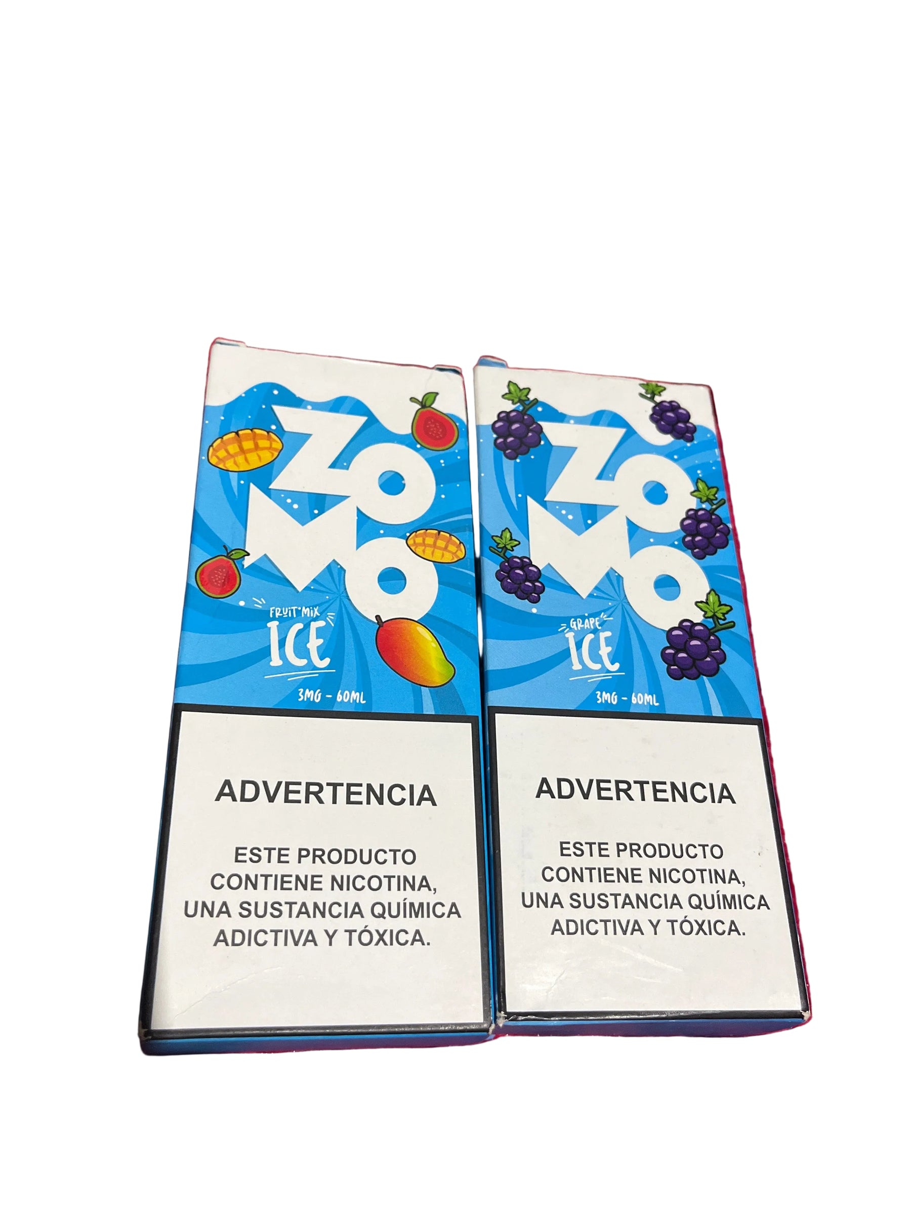 Duas embalagens de juice zomo 60ml 3mg ice e-liquid sabor manga e uva em caixas azuis vibrantes com frutas coloridas