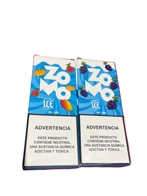 Duas embalagens de juice zomo 60ml 3mg ice e-liquid sabor manga e uva em caixas azuis vibrantes com frutas coloridas