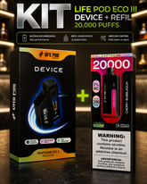 Kit dispositivo life eco iii com vape preto e vermelho em design retangular e embalagem com luzes azuis brilhantes
