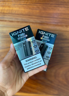 Kit ignite p100 pro com cartuchos de vape pod preto e prata sabor menta gelada em embalagem varejo