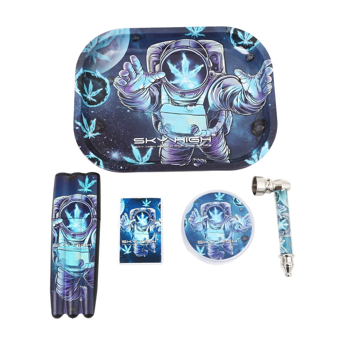 Kit sky high bandeja metal azul e roxa temática astronauta com design de folha de cannabis para churrasco