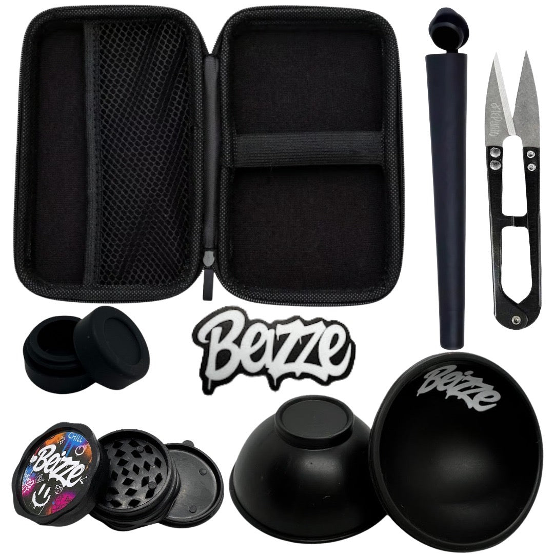 Kit tabacaria 6 itens preto com moedor portátil black bezzle em compartimentos de tela e espuma com tampa colorida