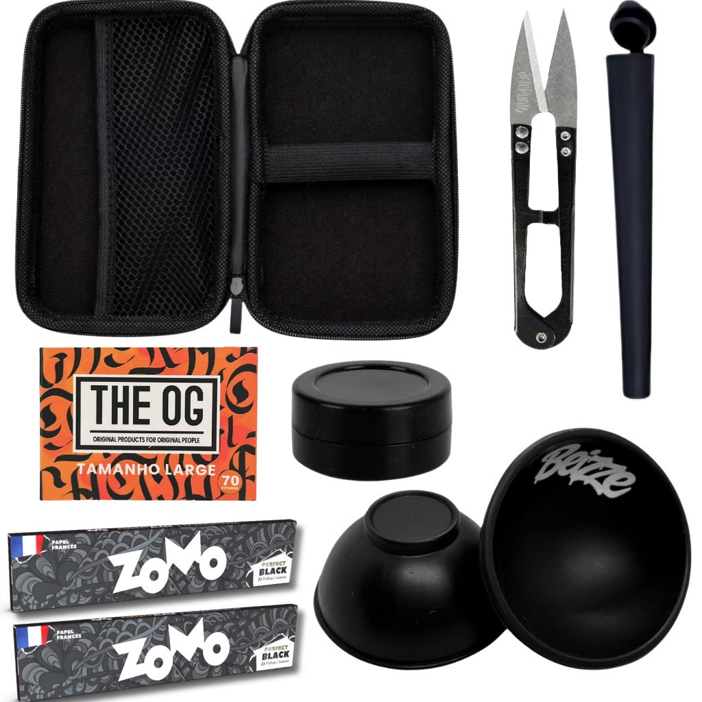 Case organizador kit tabacaria 8 itens preto em mesh preto com fechamento zipper e compartimentos internos