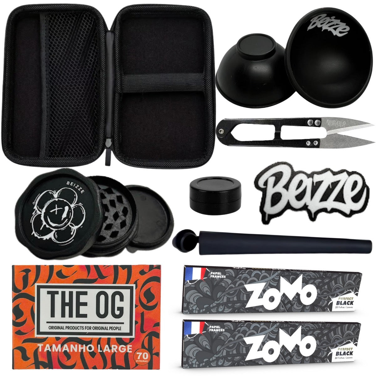 Kit tabacaria 9 itens preto com triturador de ervas black bezzle com logo floral branco na tampa