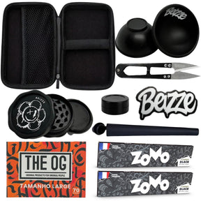 Kit tabacaria 9 itens preto com triturador de ervas black bezzle com logo floral branco na tampa