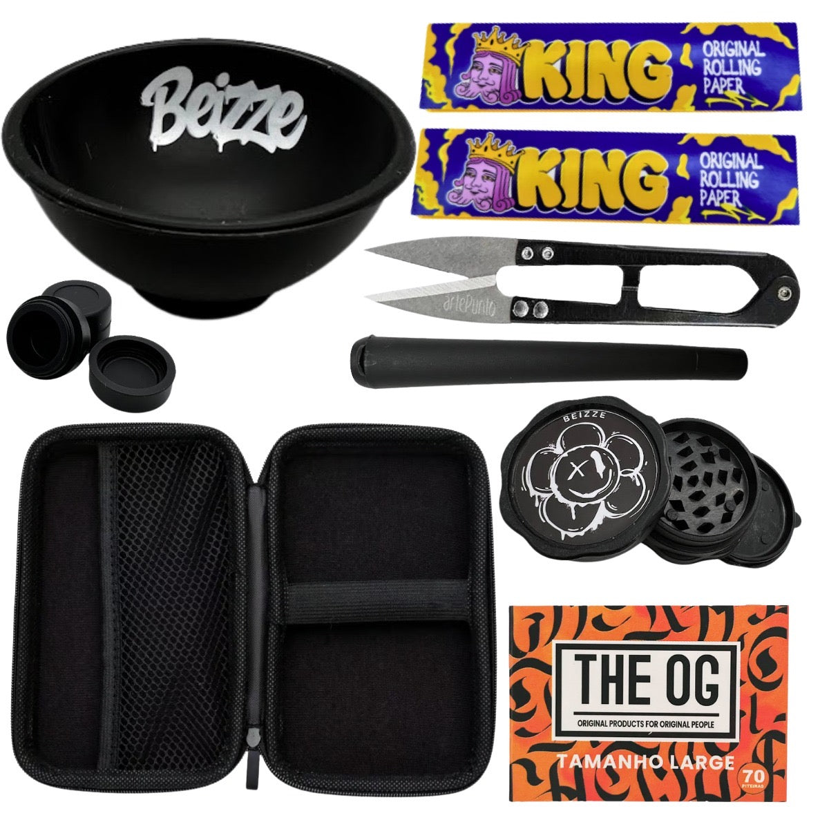 Bowl preto beizze com logo branco estilo grafite do kit tabacaria 9 itens preto