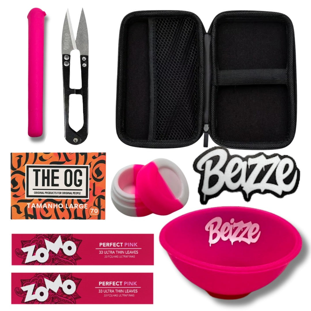 Bowl rosa vibrante de silicone com logo branco e base vermelha do kit tabacaria 9 itens rosa