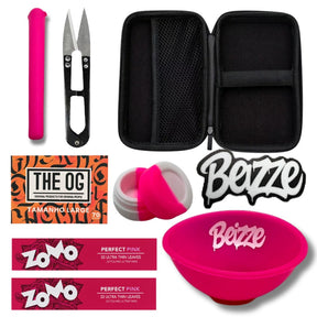Bowl rosa vibrante de silicone com logo branco e base vermelha do kit tabacaria 9 itens rosa
