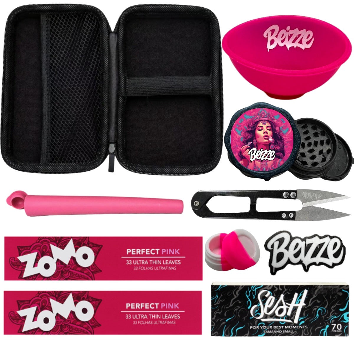 Tigela plástica rosa com logo branco bezze do kit tabacaria 9 itens rosa para organização de produtos