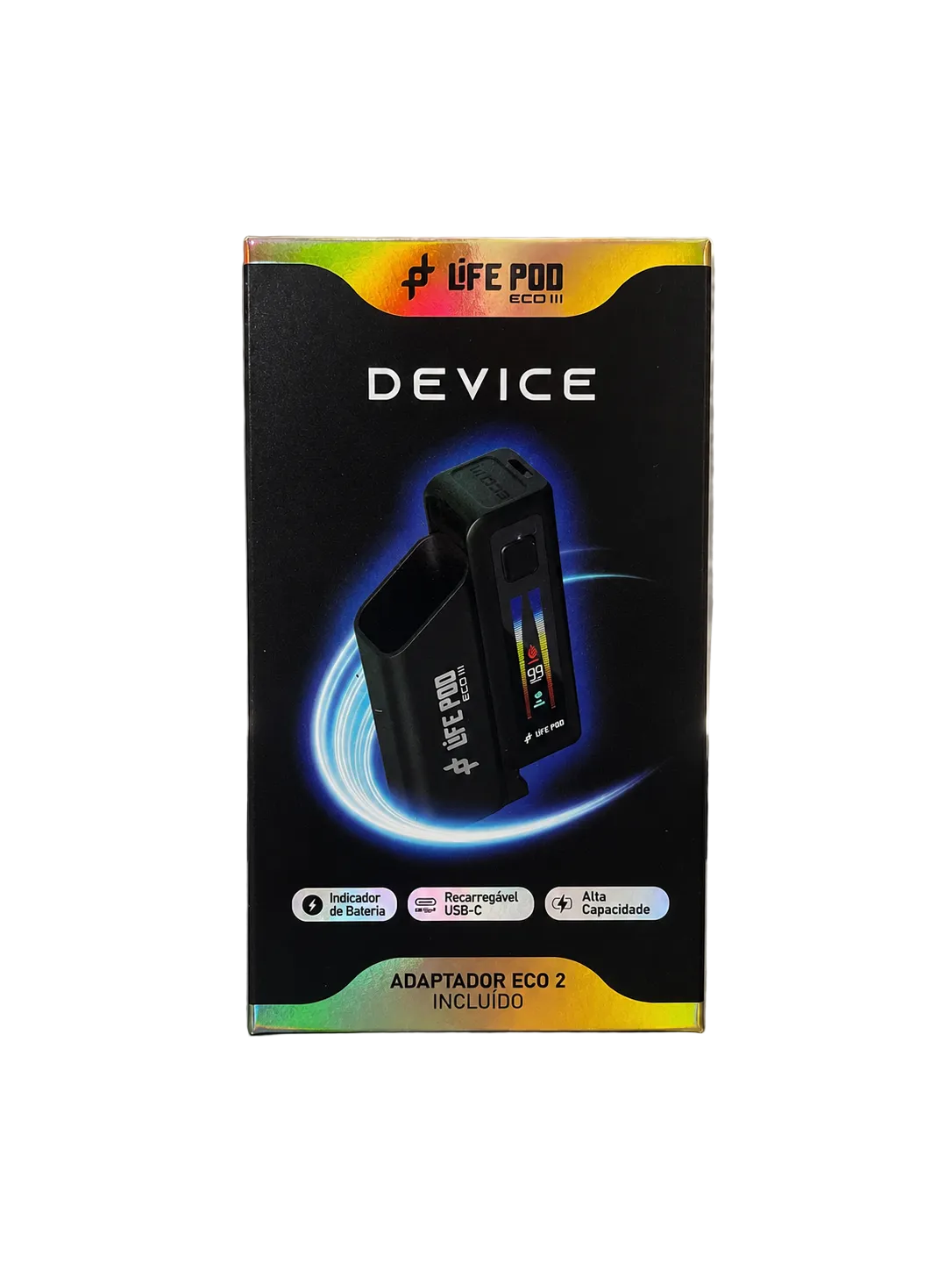 Life pod dispositivo bateria eco 3 preto com display digital e porta usb-c em embalagem elegante preta