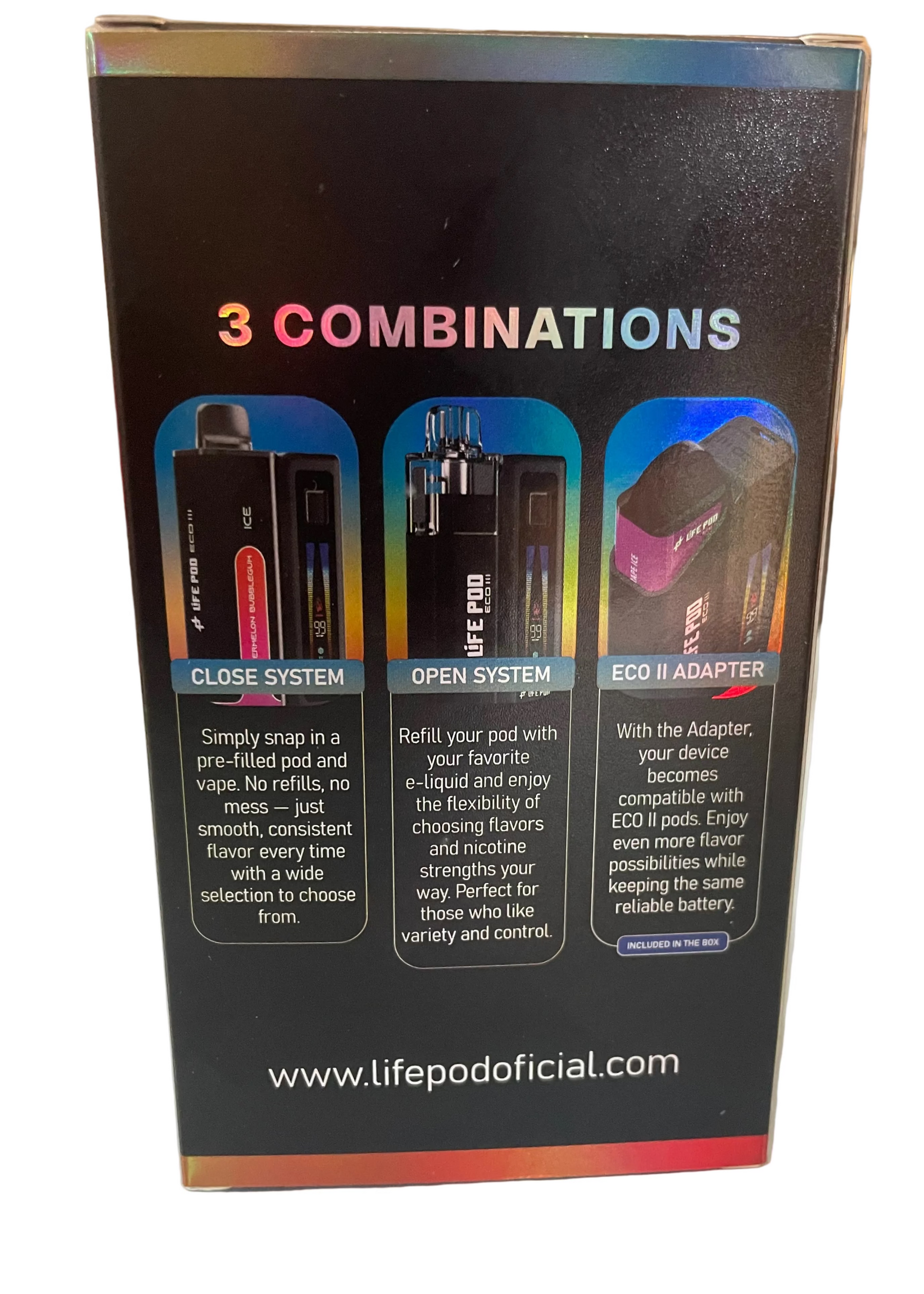 Dispositivo e-cigarette lifepod bateria eco 3 na cor preta e roxa com design retangular elegante