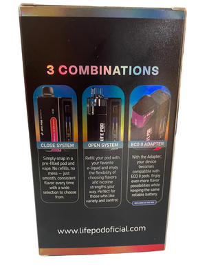 Dispositivo e-cigarette lifepod bateria eco 3 na cor preta e roxa com design retangular elegante