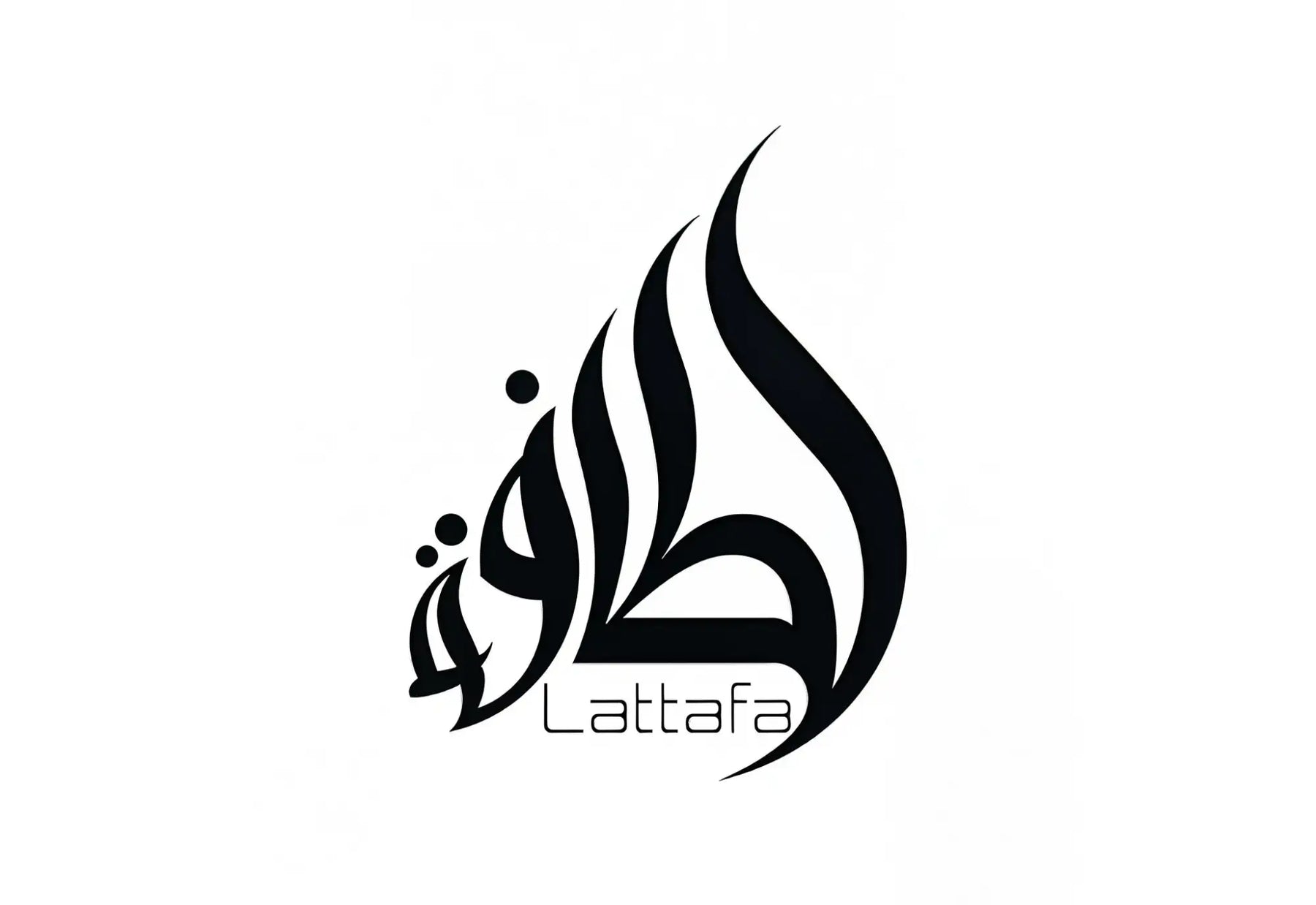 Logotipo em caligrafia árabe estilizada preta com a palavra “lattafa” escrita em uma fonte sans-serif simples abaixo.