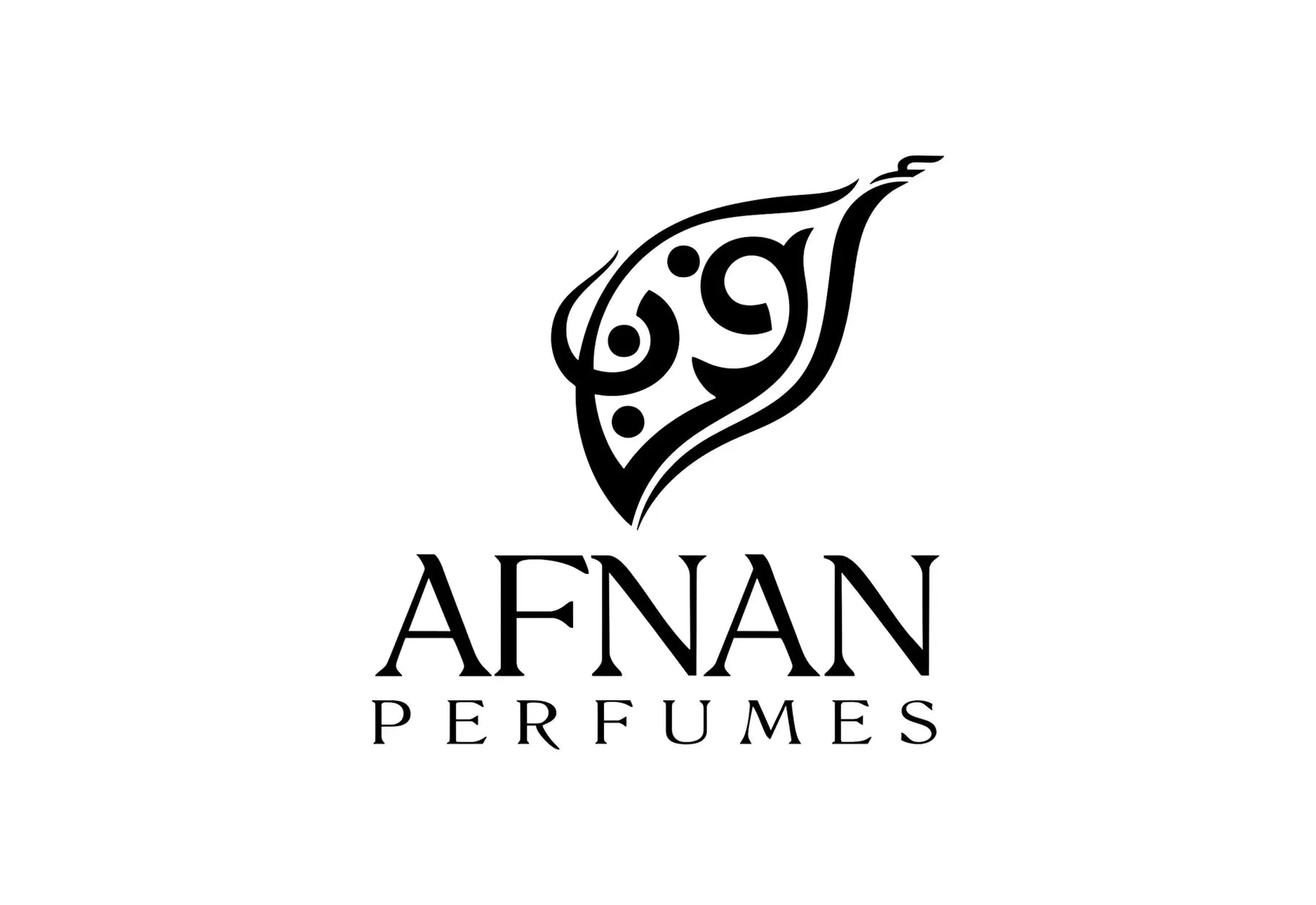 Logotipo de folha preta estilizada com padrões ondulados intrincados e pontos, posicionado acima do texto “afnan perfumes” em fonte serifada em negrito.