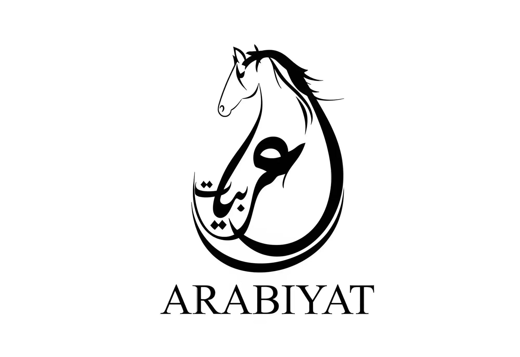 Logotipo preto com estilo de traço, apresentando um silhueta de cavalo entrelaçada com caligrafia árabe, marcado como “arabiyat.”